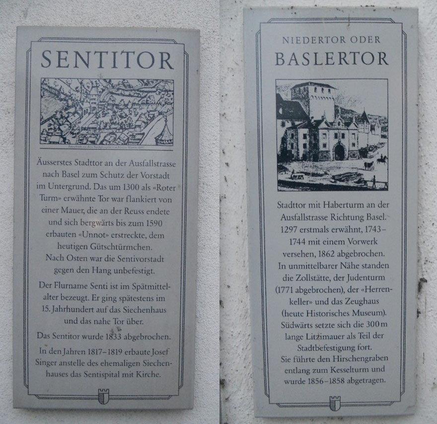 Bild 3: Die beiden Erinnerungstafeln zum Sentitor (links) und Baslertor (rechts) im Untergrund-Quartier (Fotos: Urs Häner).